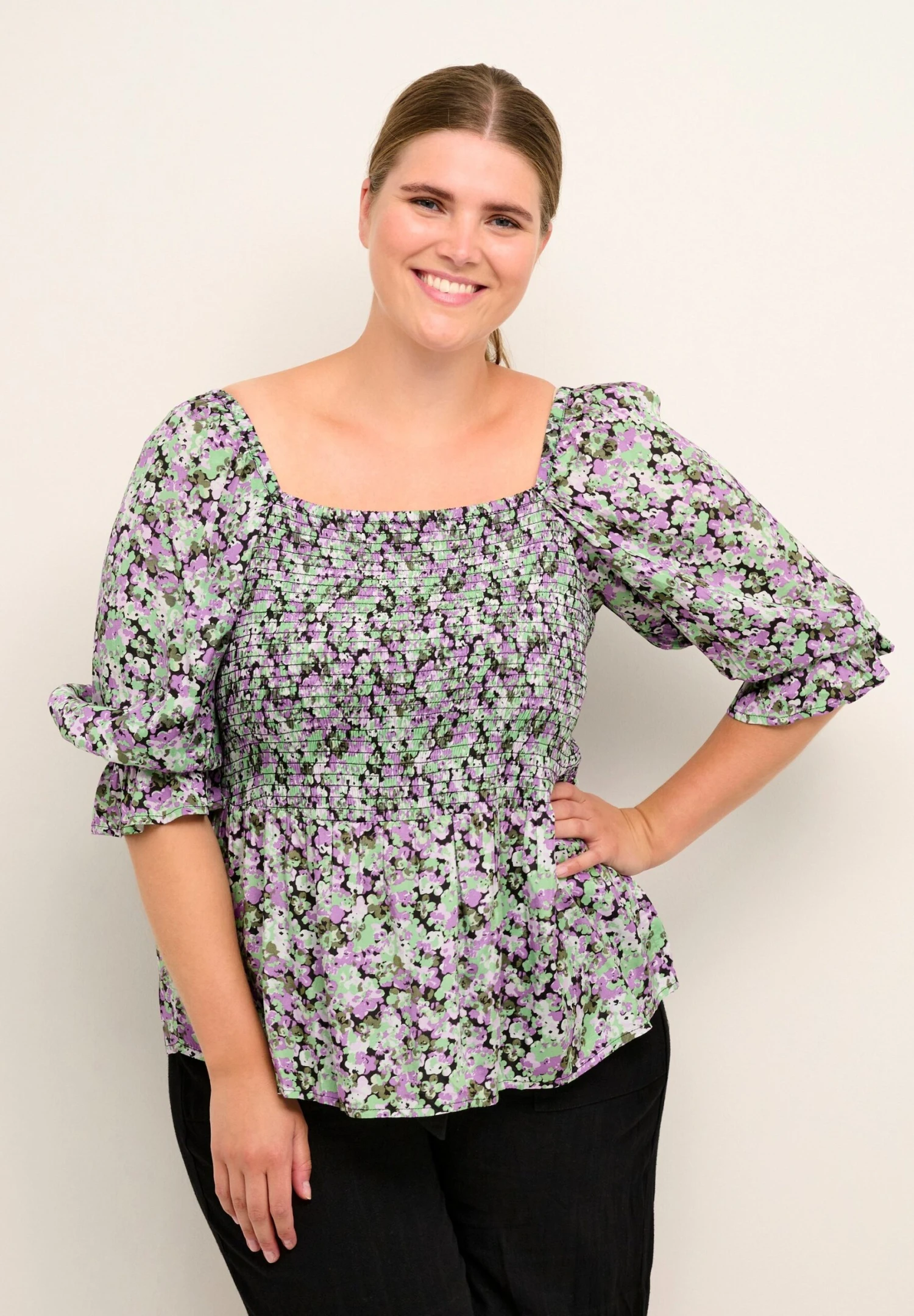 Kclora Smock - Blouse - Green Purple Flower 1 Kclora Smock - Blouse - Green Purple Flower